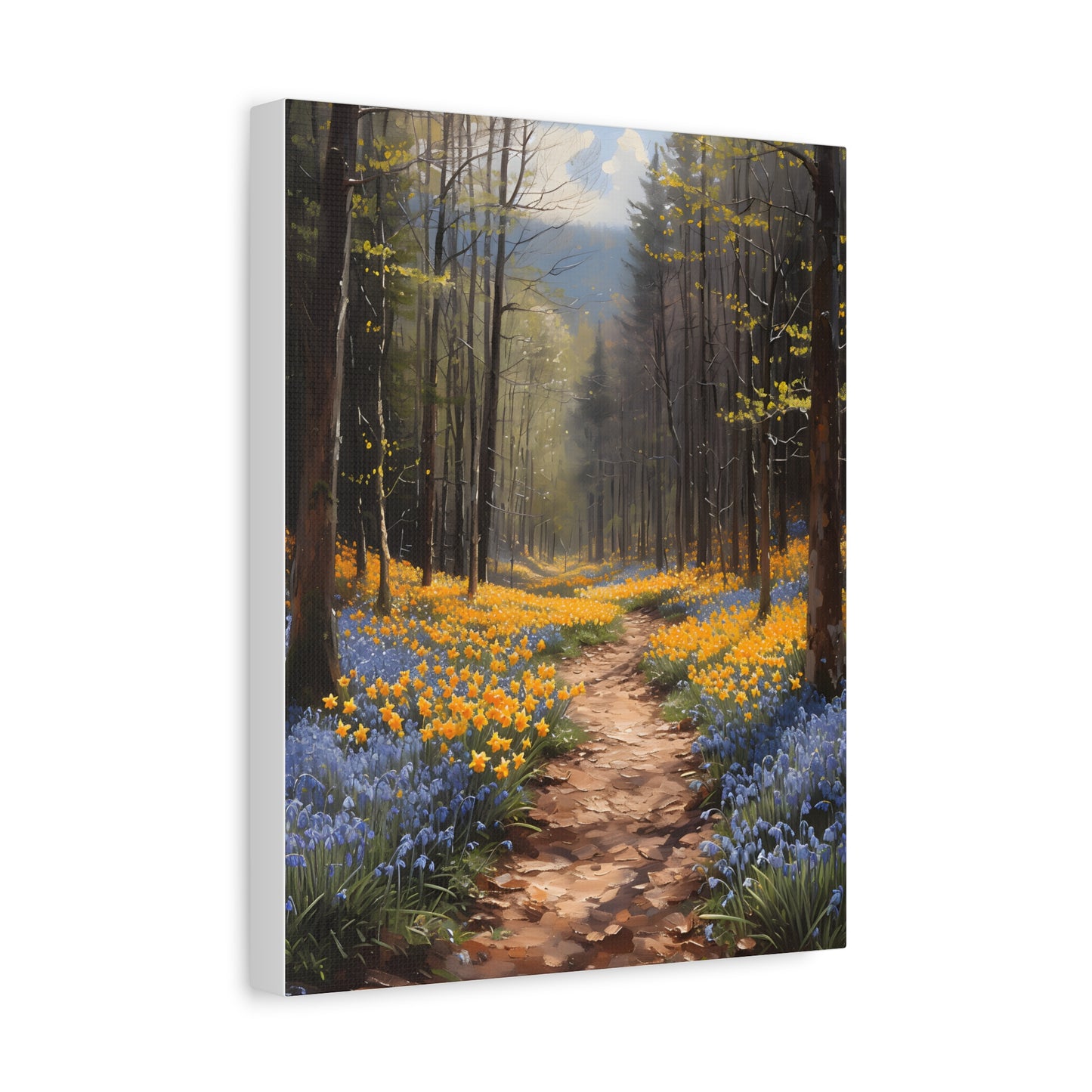 Spring flowers on a forest path Canvas, Daffodil Wall Art, Bluebells Painting, Floral Home Decor, Housewarming Gift Idea, Spring Awakening