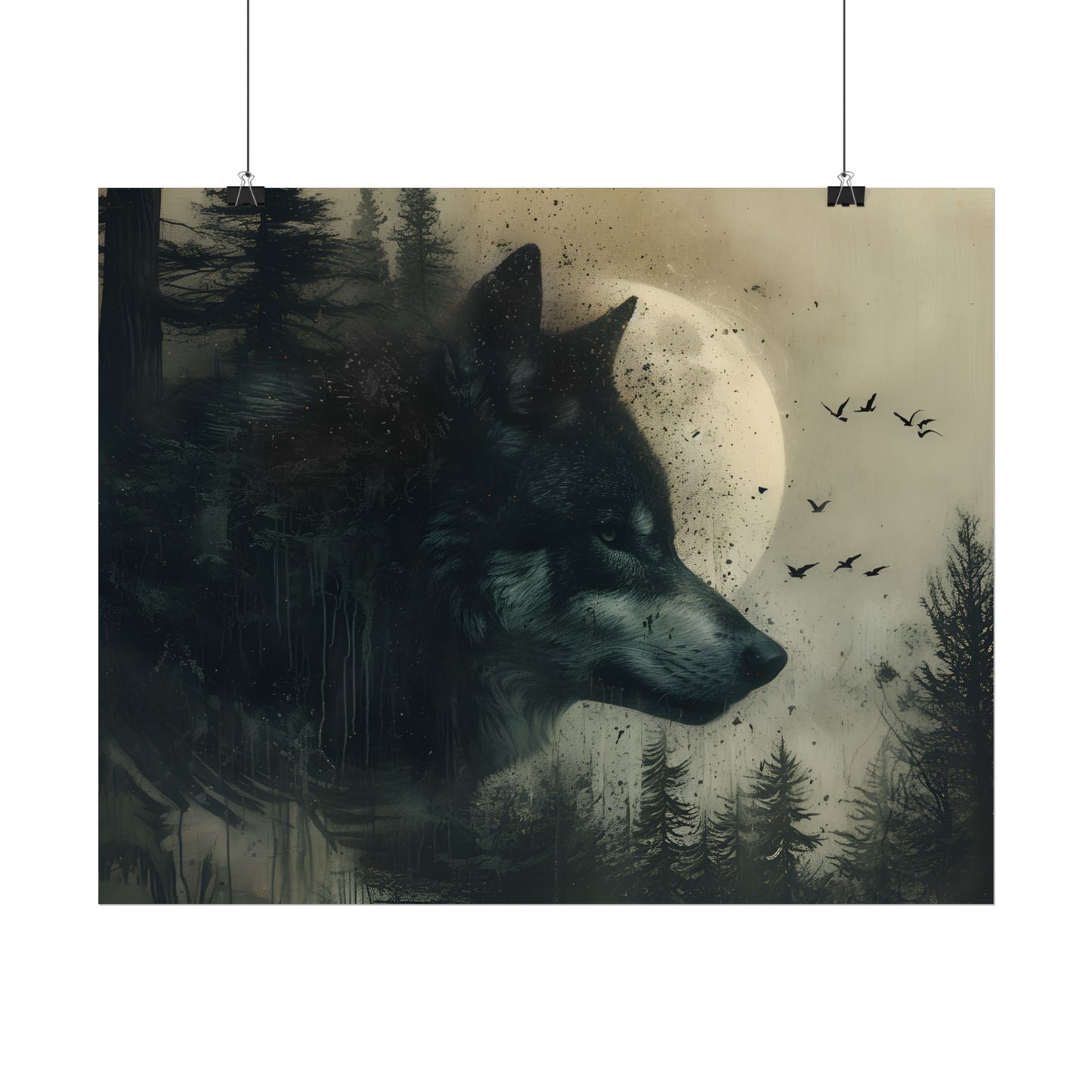 Wolf Art Print, Forest Wall Decor, Moonlight Poster, Gothic Home Decor, Wolf Oil Painting Print, Rustic Gift Idea For