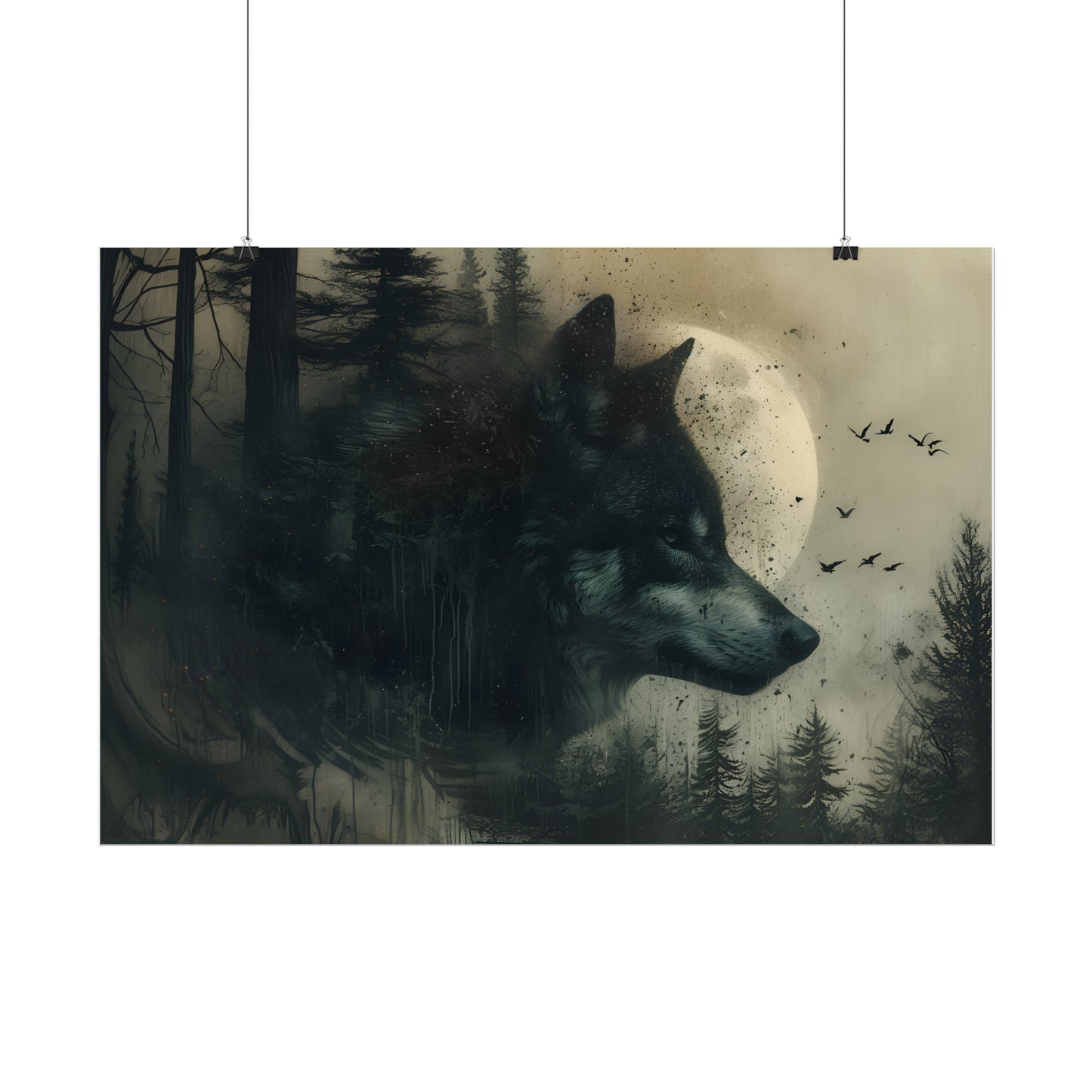 Wolf Art Print, Forest Wall Decor, Moonlight Poster, Gothic Home Decor, Wolf Oil Painting Print, Rustic Gift Idea For