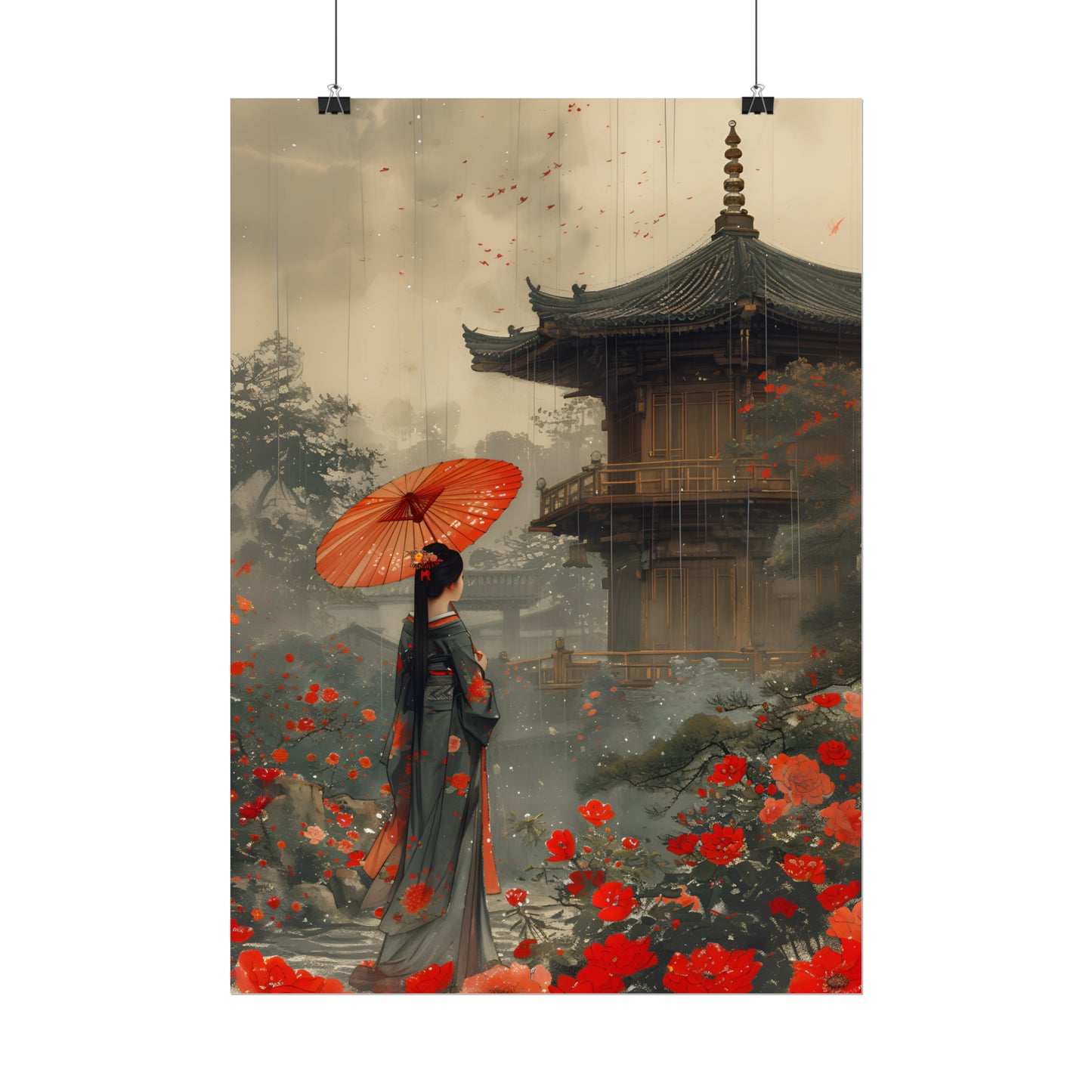 Vintage Japanese Art, Geisha Wall Art, Asian Landscape Print, Gift For Housewarming, Japan Painting, Geisha Poster