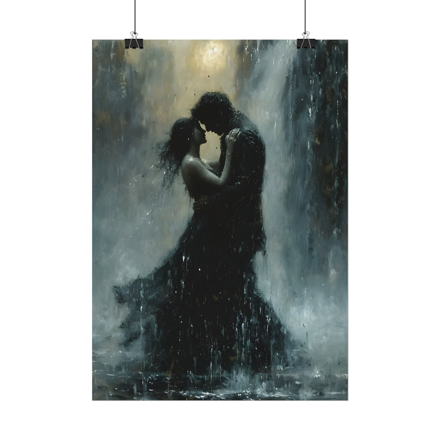 Romantic Poster, Dark Moody Painting, Waterfall Print, Gift For Couples, Gothic Romance Wall Art, Goth Wall Decor