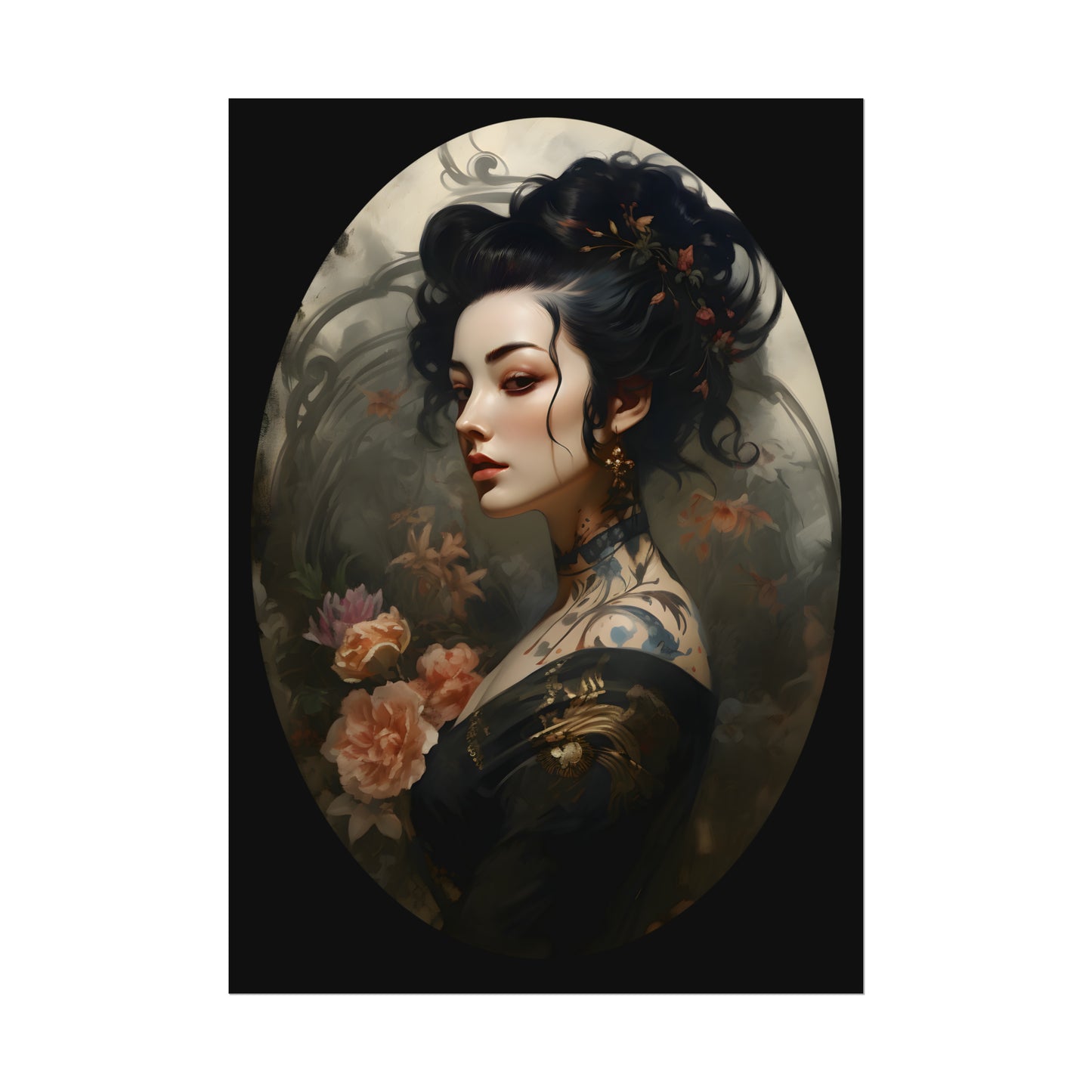 Oriental Lady Print, Geisha Poster, Japanese Tattoo, Asian Art, Oriental Art Print, Floral Wall Art Decor, Japanese Flower Art