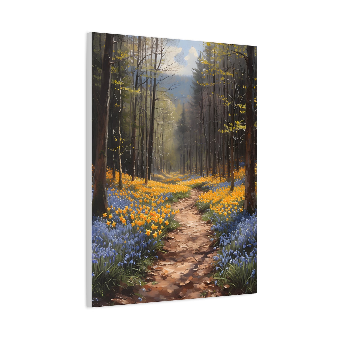 Spring flowers on a forest path Canvas, Daffodil Wall Art, Bluebells Painting, Floral Home Decor, Housewarming Gift Idea, Spring Awakening