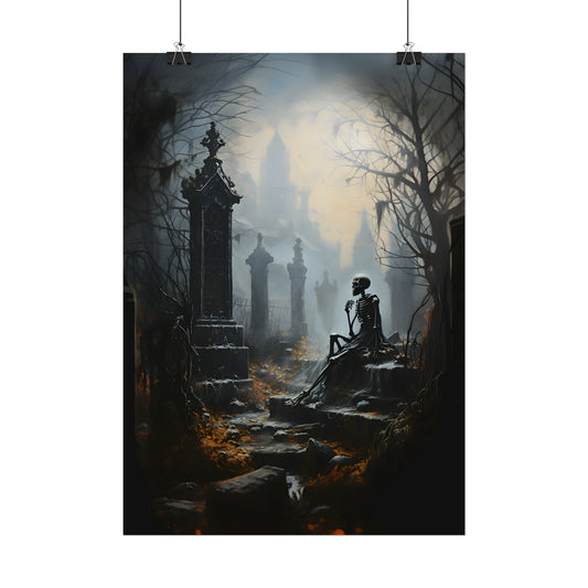 Dead Man's Thoughts, Skeleton Poster, Cemetery Print, Graveyard Wall Art, Gothic Romance, Dark Home Decor, Dark Academia