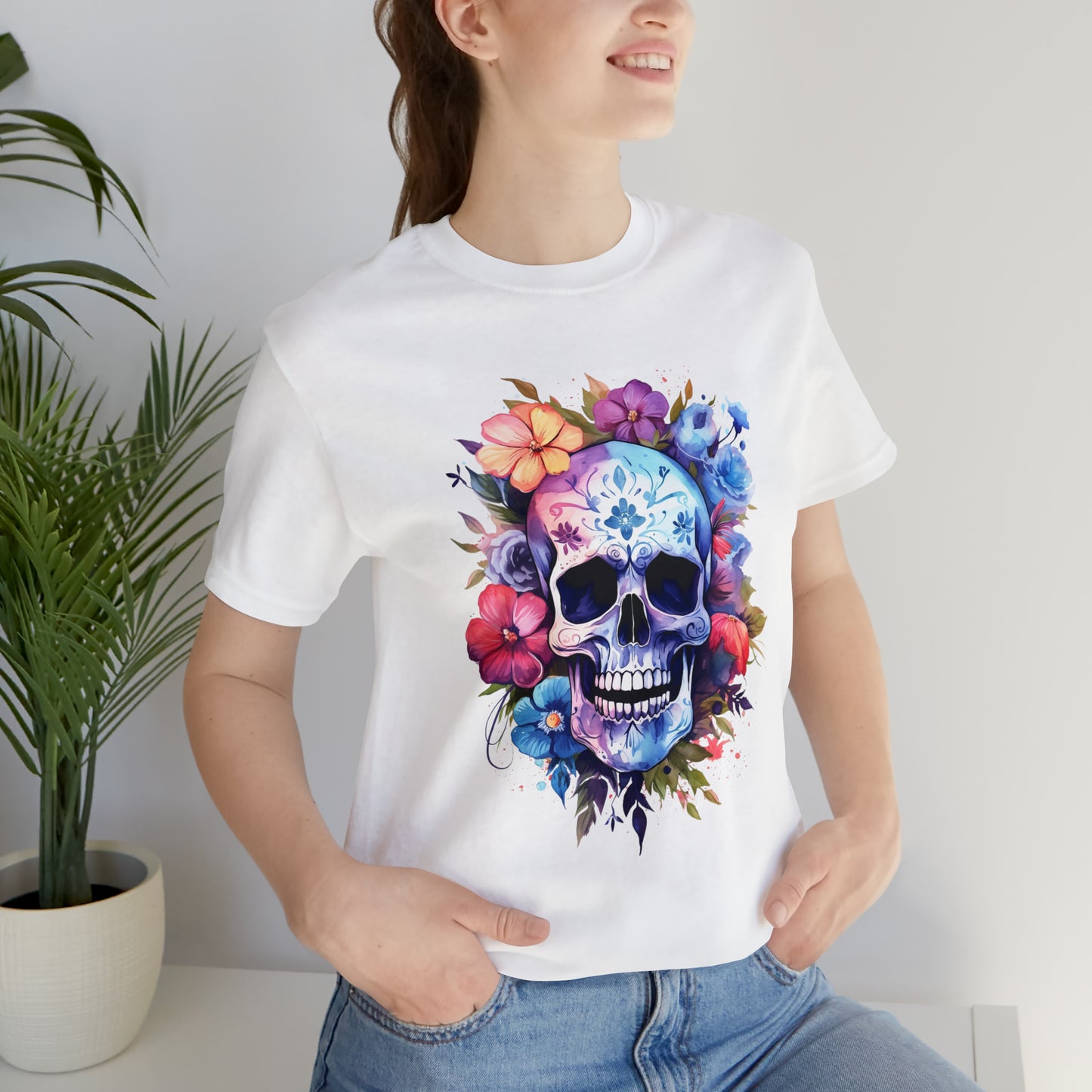 Women's T-Shirt, Skull T-Shirt, Skulls and Flowers, Watercolor Skull, Floral T-Shirt, Gift for mom, Gift for Wife, Girlfriend Gift