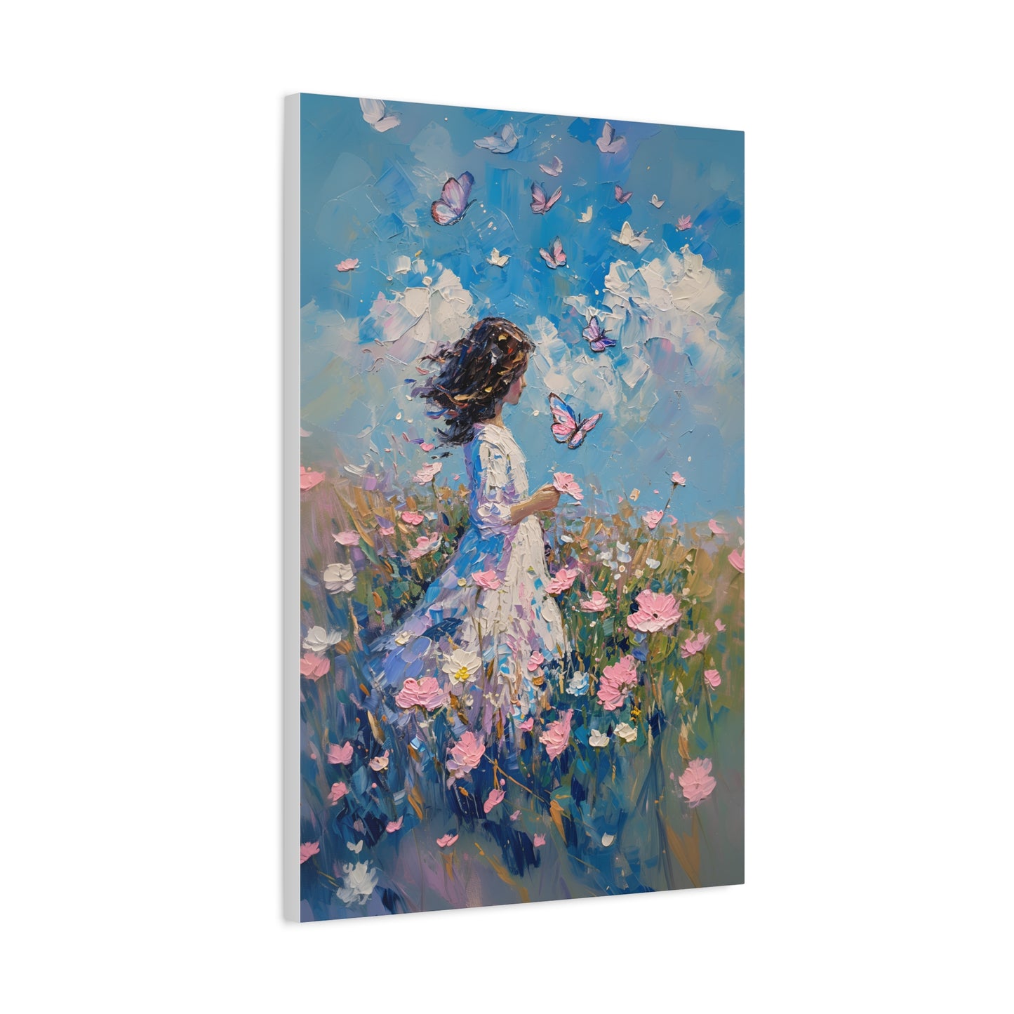 Girl With Flowers and Butterflies Art Print, Pink and Blue Floral Canvas, Monet Style Oil Painting, Beautiful Housewarming Gift Idea