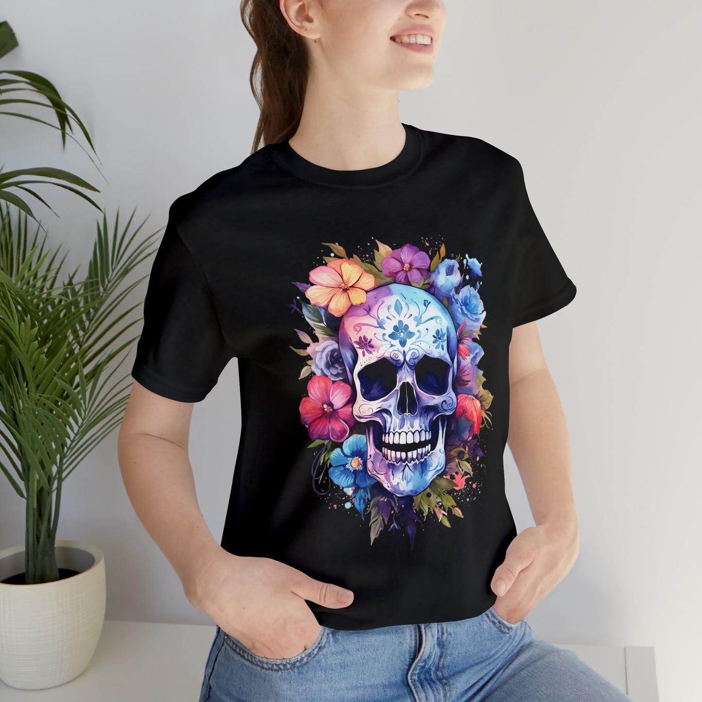 Women's T-Shirt, Skull T-Shirt, Skulls and Flowers, Watercolor Skull, Floral T-Shirt, Gift for mom, Gift for Wife, Girlfriend Gift