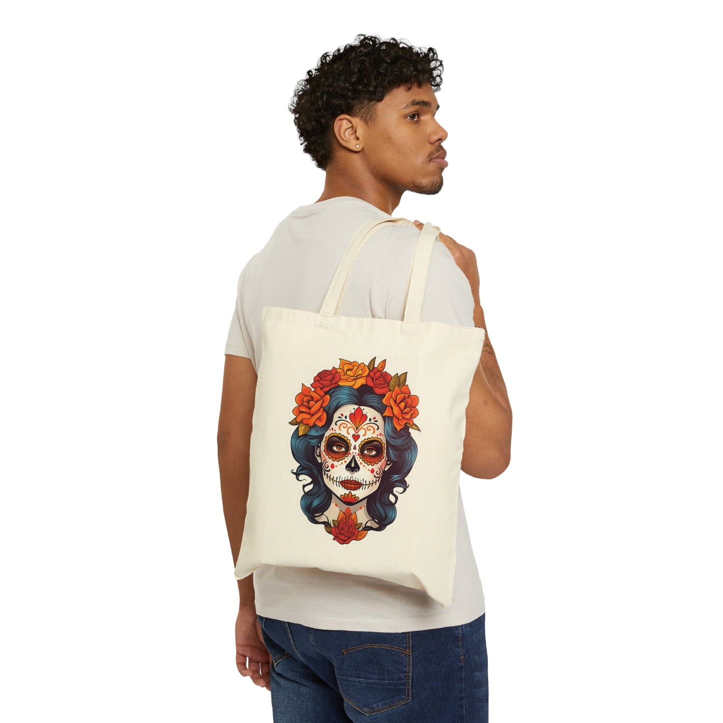 Cotton Canvas Tote Bag Featuring Day Of The Dead Lady Design