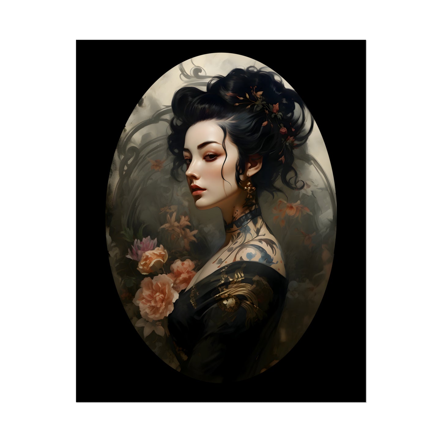 Oriental Lady Print, Geisha Poster, Japanese Tattoo, Asian Art, Oriental Art Print, Floral Wall Art Decor, Japanese Flower Art