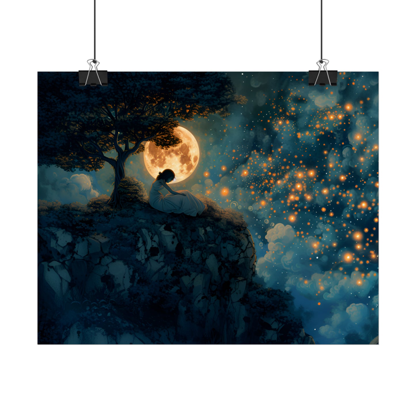 Celestial Starry Sky Poster, Enchanting Fantasy Landscape, Ethereal Painting, Moon and Stars Wall Art, Gift for Children's Bedroom