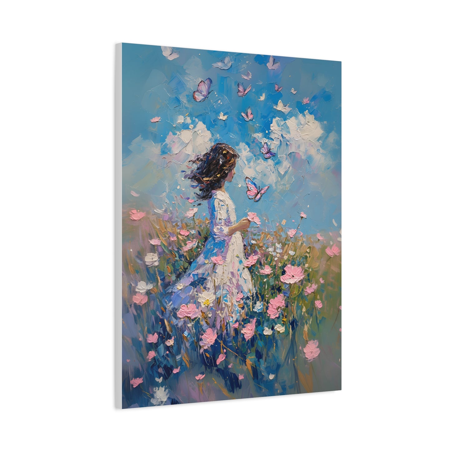 Girl With Flowers and Butterflies Art Print, Pink and Blue Floral Canvas, Monet Style Oil Painting, Beautiful Housewarming Gift Idea