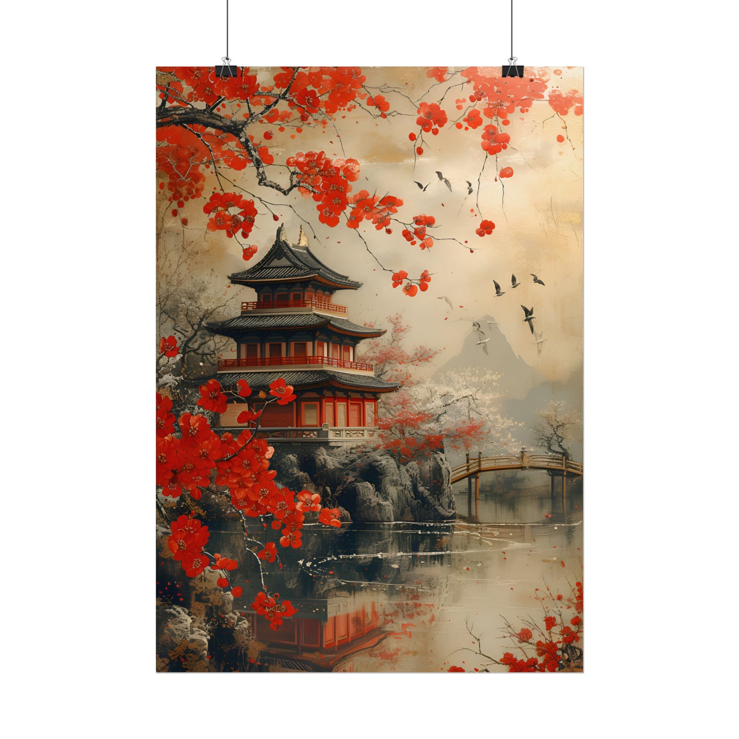 Vintage Japanese Art, Cherry Blossom Wall Art, Asian Landscape Print, Gift For Housewarming, Japan Painting,