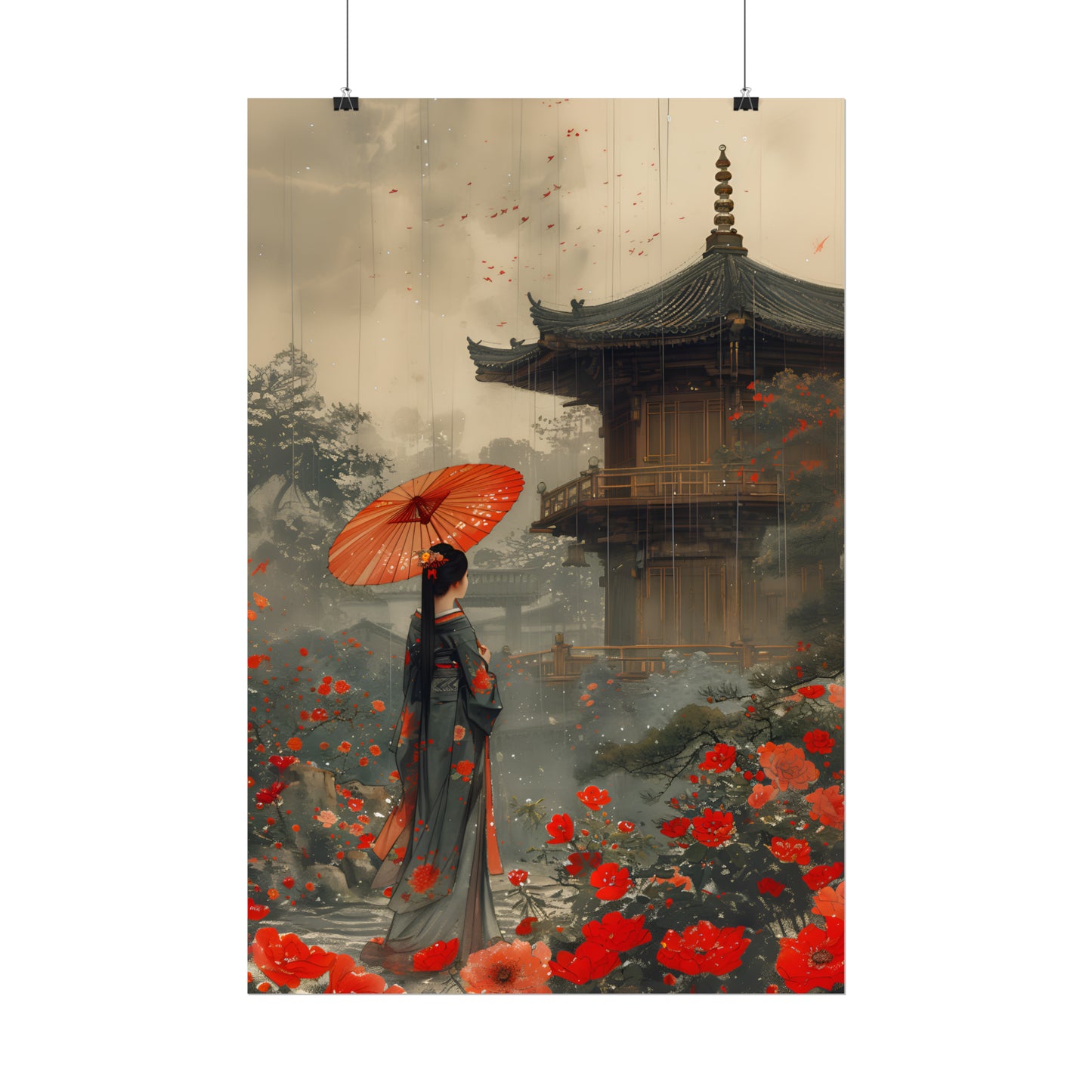 Vintage Japanese Art, Geisha Wall Art, Asian Landscape Print, Gift For Housewarming, Japan Painting, Geisha Poster