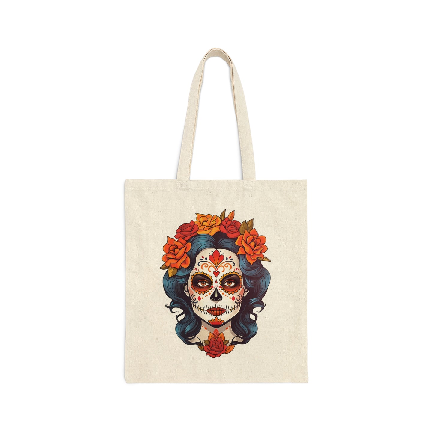 Cotton Canvas Tote Bag Featuring Day Of The Dead Lady Design