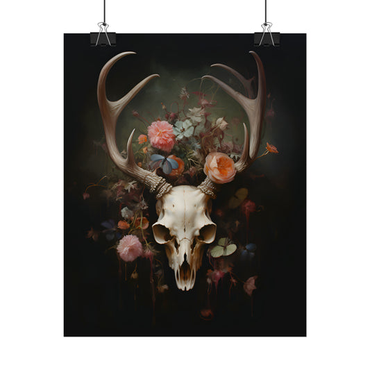 Deer Skull Wall Art, Deer Skull With Flowers, Dark Cottagecore, Gothic Home Decor, Deer Skull Print, Gift For A Goth, Housewarming