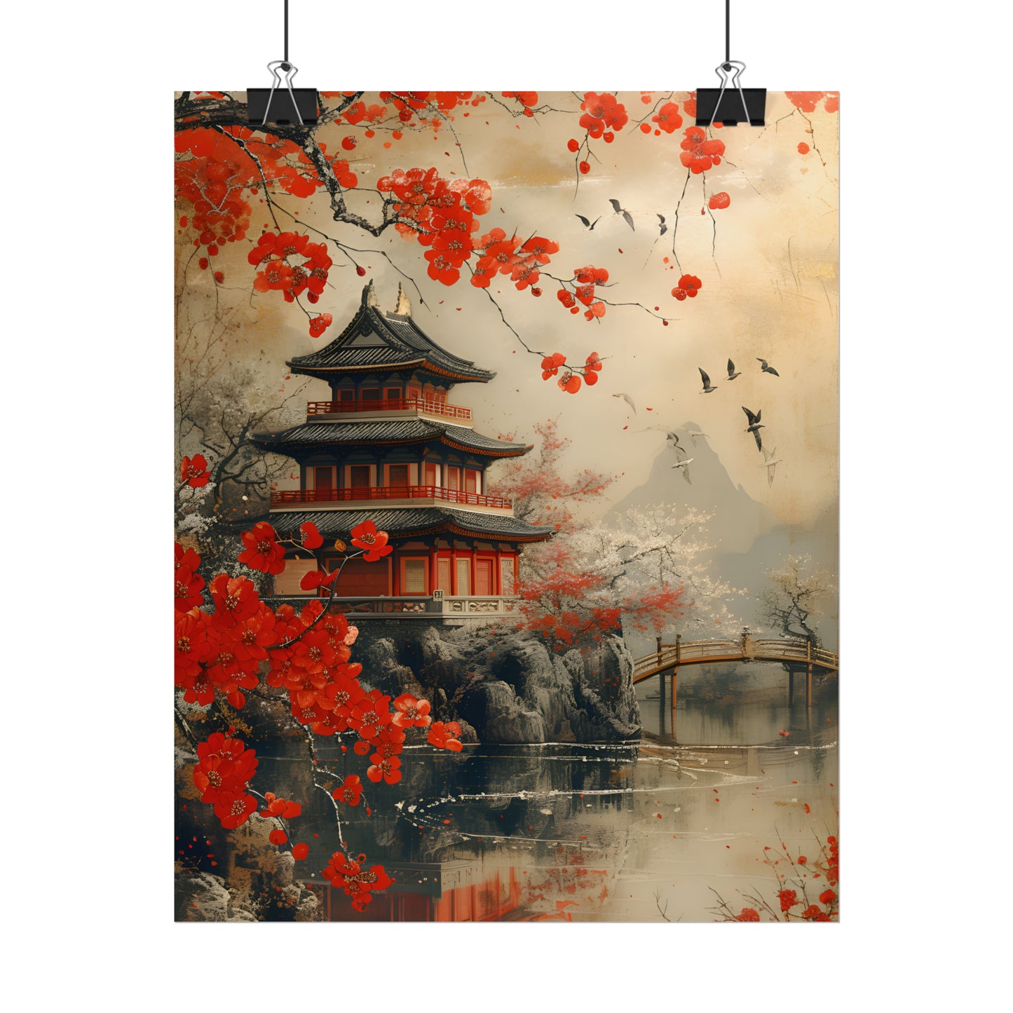 Vintage Japanese Art, Cherry Blossom Wall Art, Asian Landscape Print, Gift For Housewarming, Japan Painting,