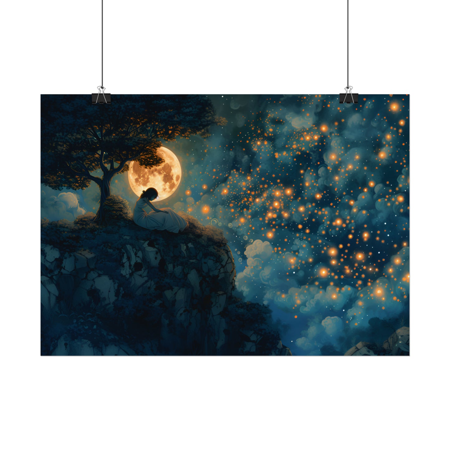 Celestial Starry Sky Poster, Enchanting Fantasy Landscape, Ethereal Painting, Moon and Stars Wall Art, Gift for Children's Bedroom