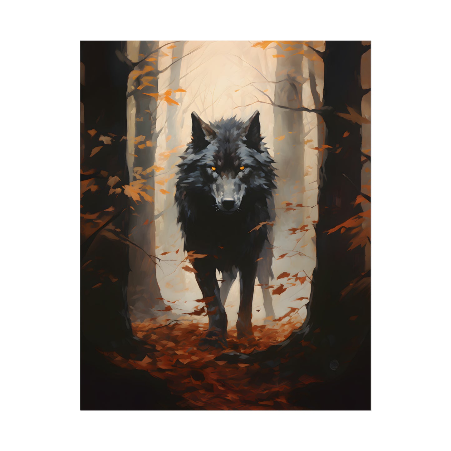 Wolf Poster, Autumn Forest Print, Forest Wall Art, Autumn Leaves, Gothic Home Decor, Wolf Oil Painting Print, Gothic Gift For