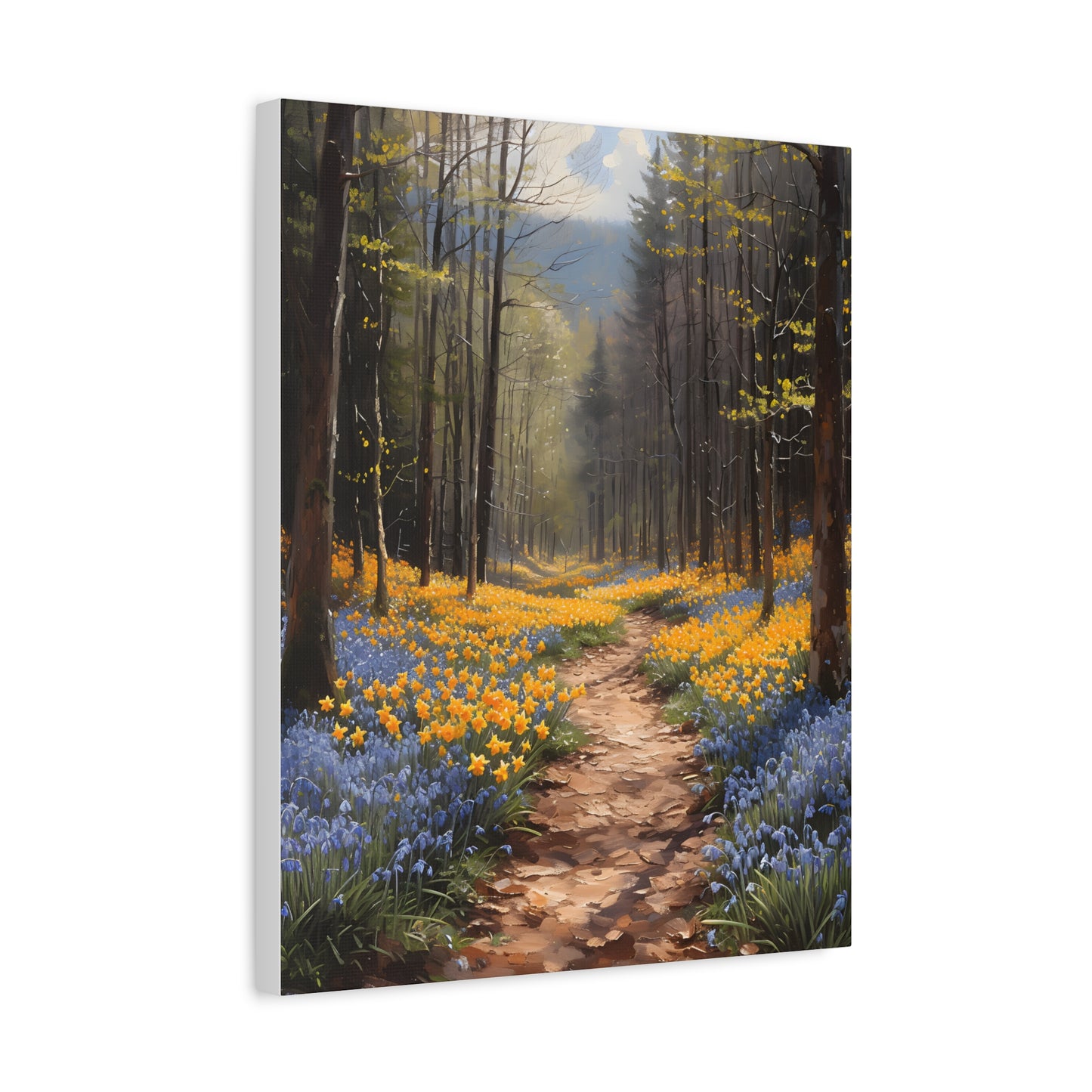 Spring flowers on a forest path Canvas, Daffodil Wall Art, Bluebells Painting, Floral Home Decor, Housewarming Gift Idea, Spring Awakening