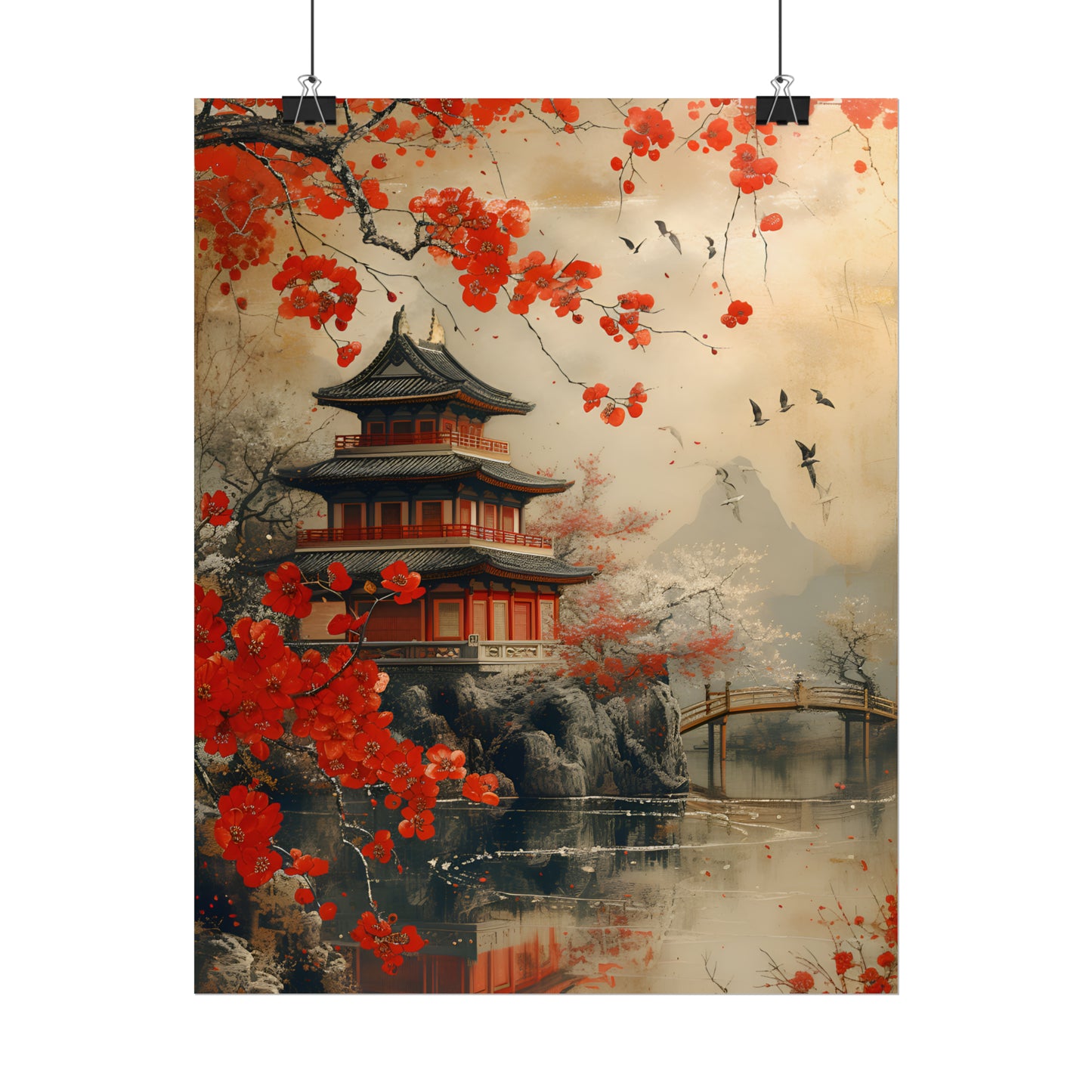 Vintage Japanese Art, Cherry Blossom Wall Art, Asian Landscape Print, Gift For Housewarming, Japan Painting,