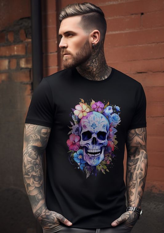 Men's T-Shirt, Skull T-Shirt, Skulls and Flowers, Watercolor Skull, Floral T-Shirt, Gift for Dad, Gift for Husband