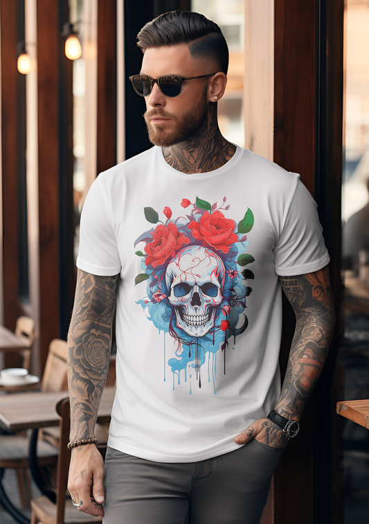 Male model with beard wearing the skull and roses white t-shirt outside a busy coffee shop